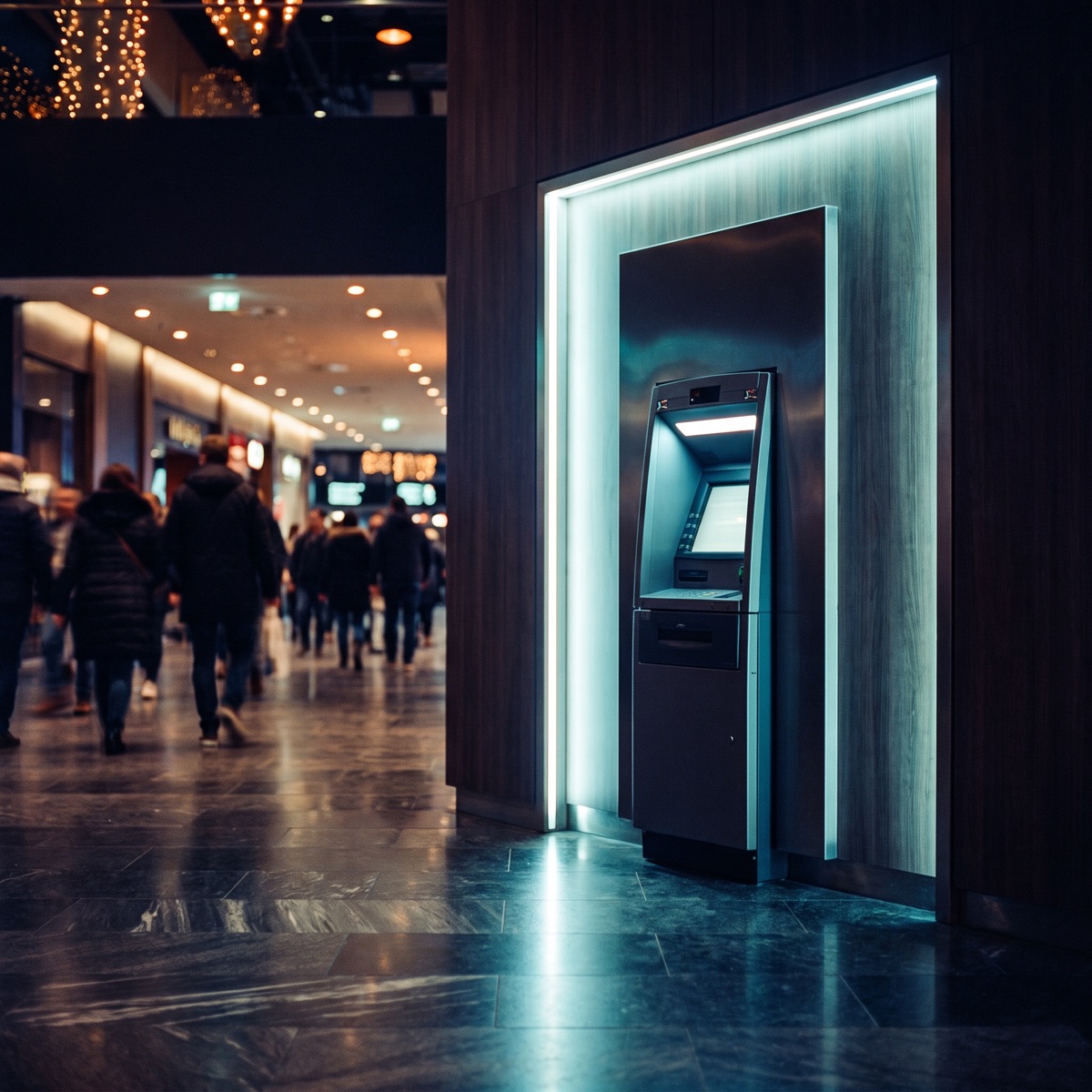 An ATM lit up at night