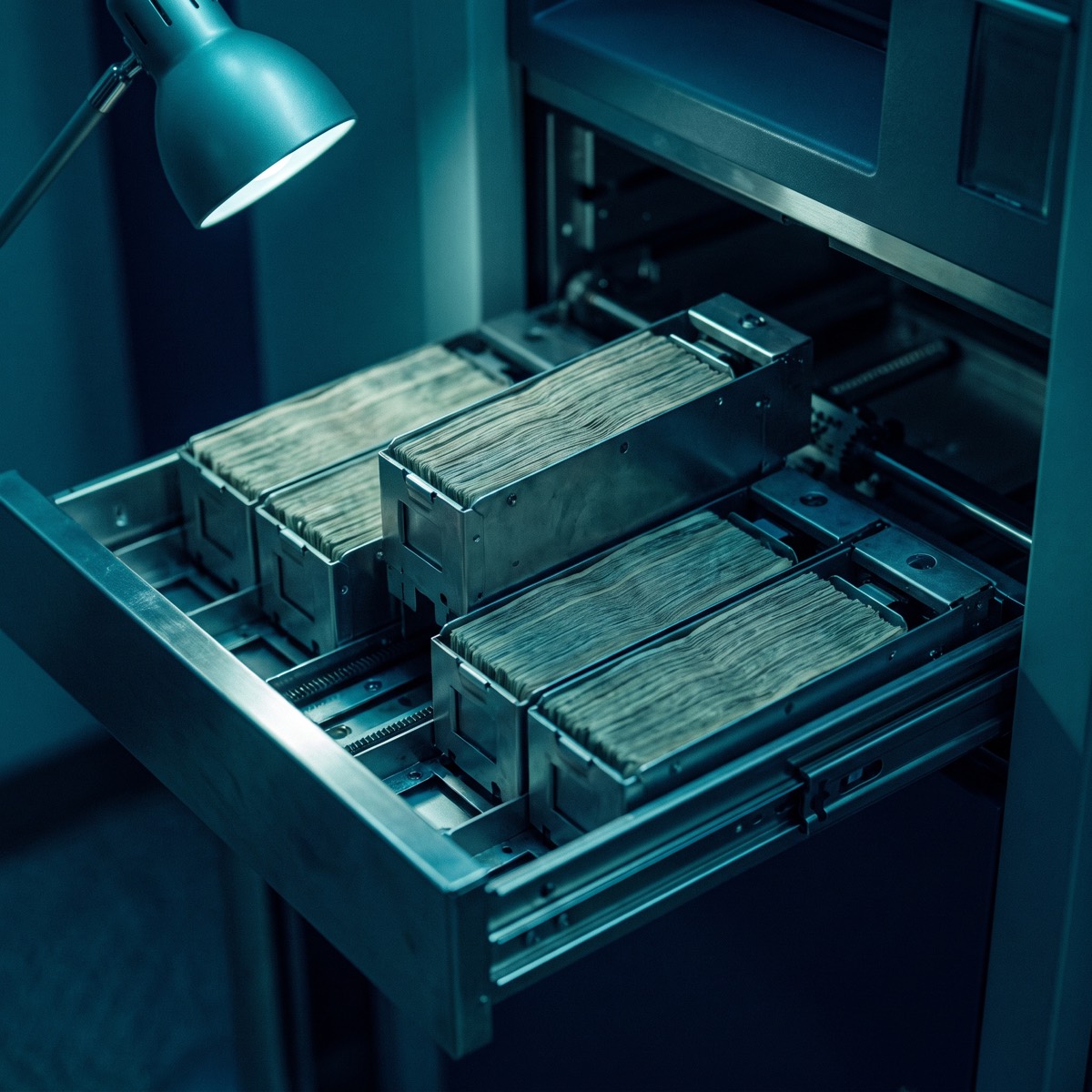 Banded cash stacks beside an open ATM cash cassette