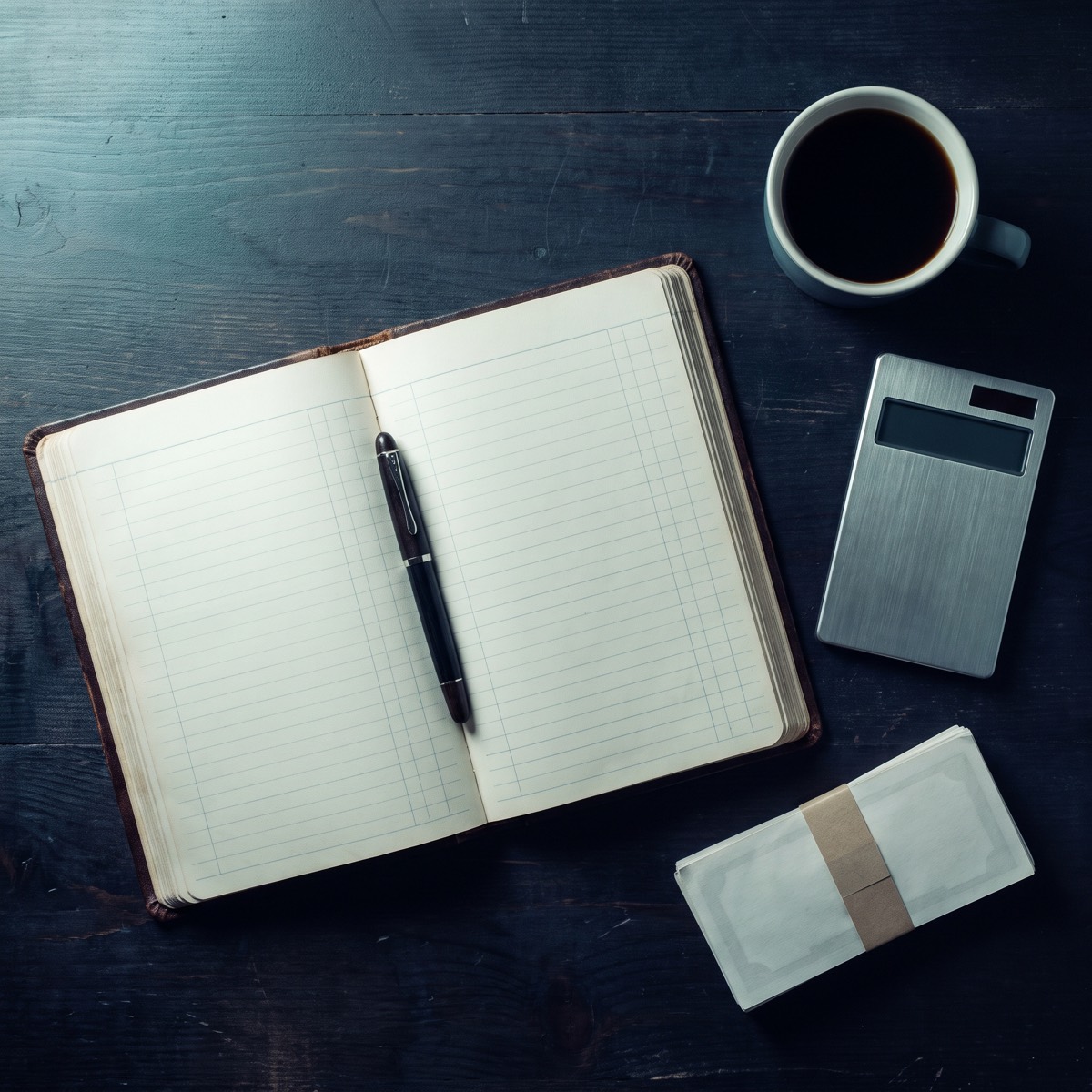 A ledger, pen and calculator on a desk
