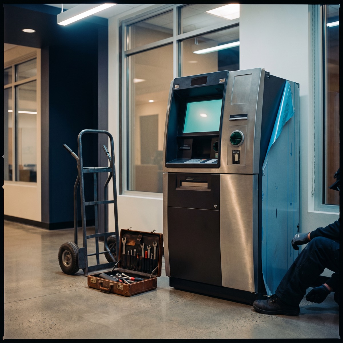 An ATM being positioned against a wall during installation