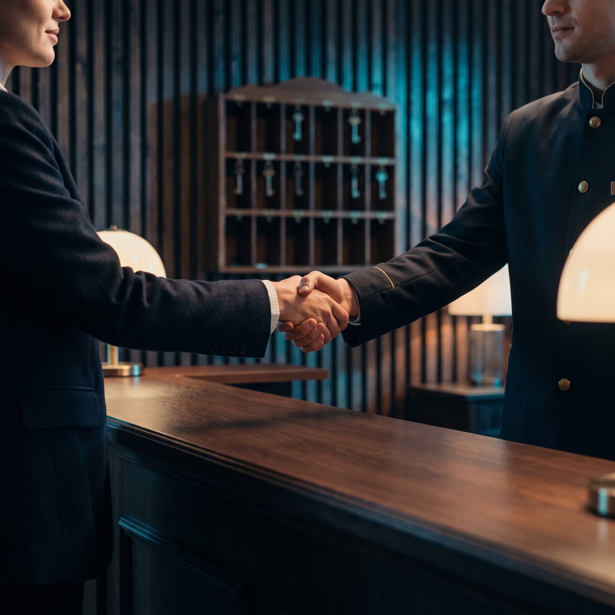 A handshake across the reception counter of a hotel