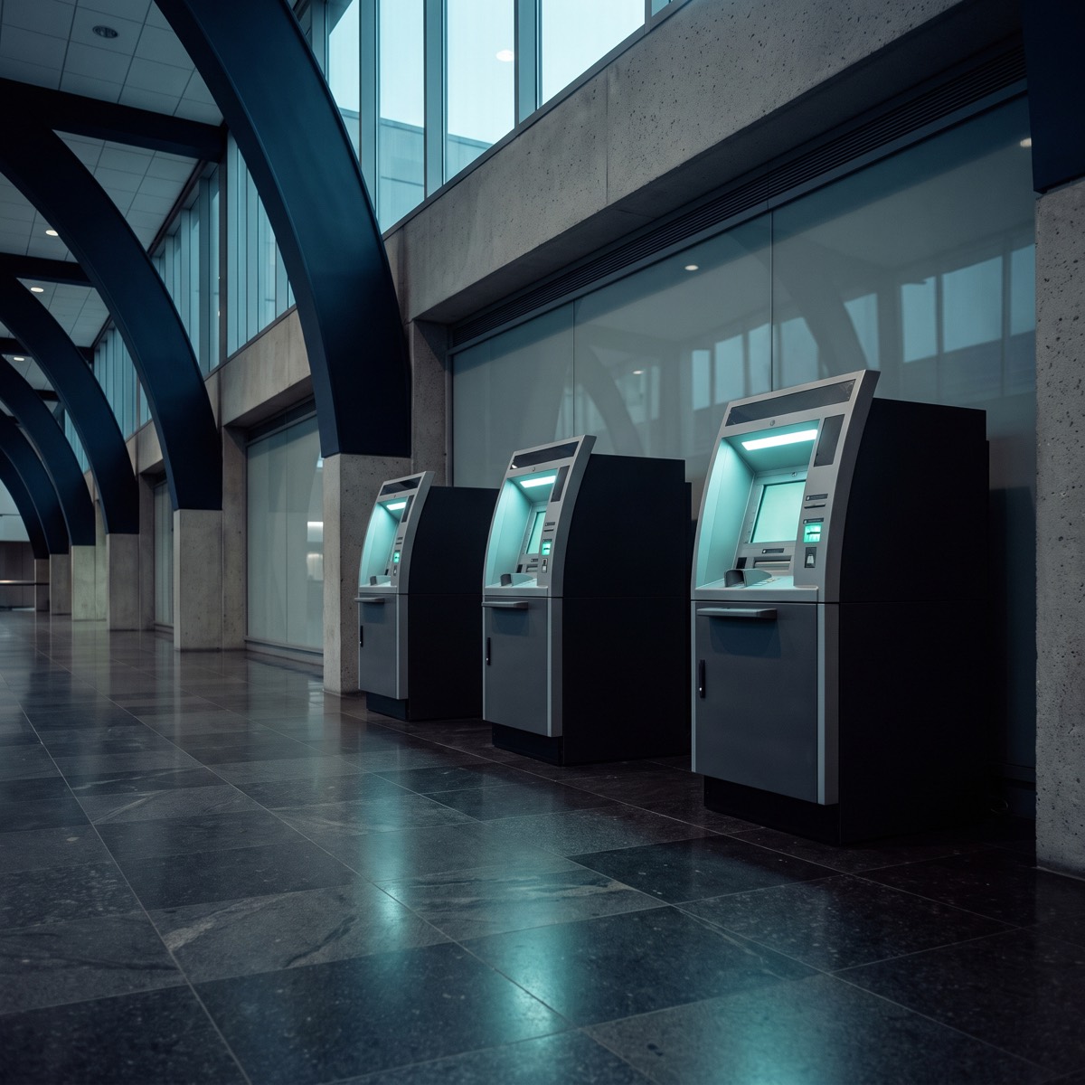 Three ATMs standing side by side along a concourse wall