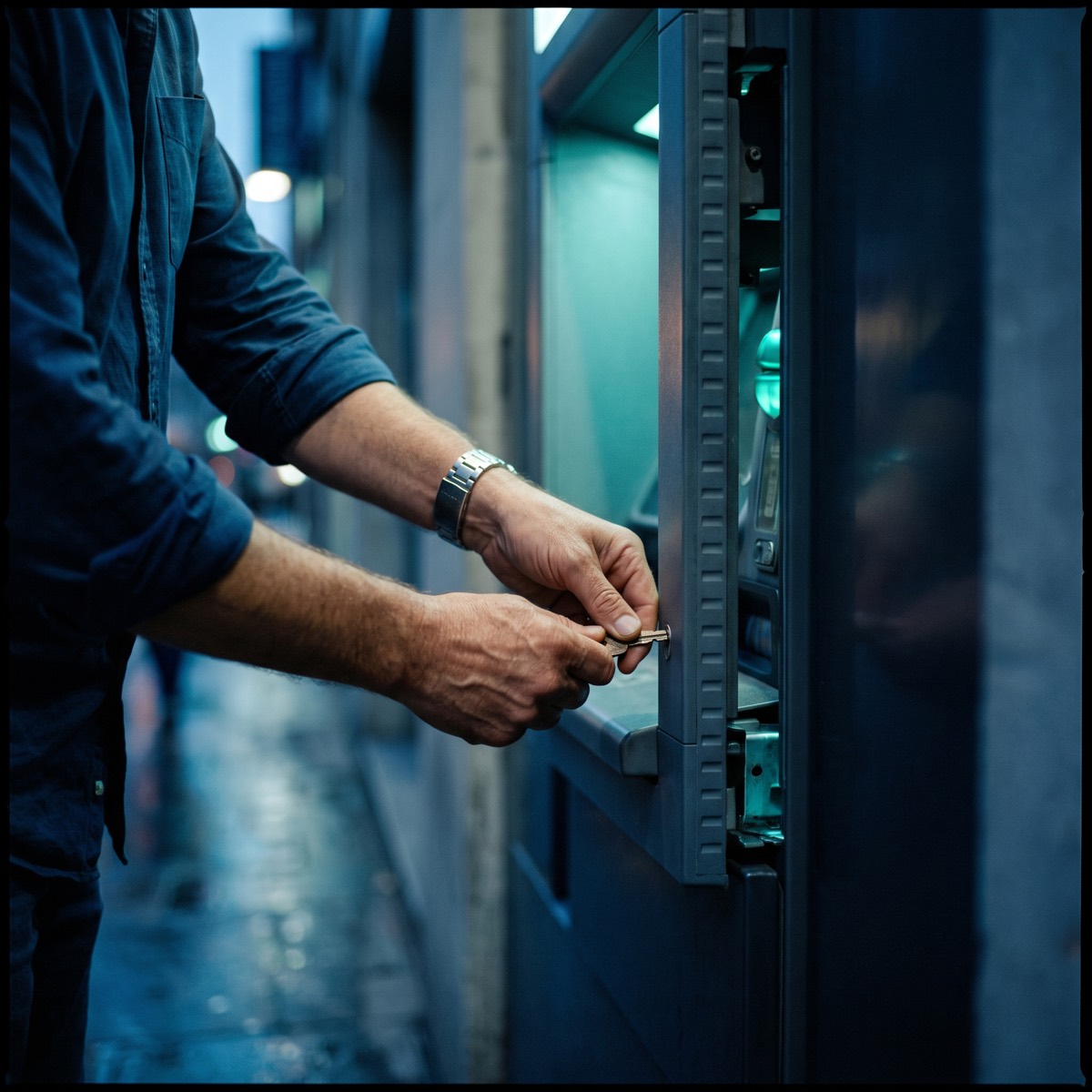 A franchisee opening the service panel of an ATM