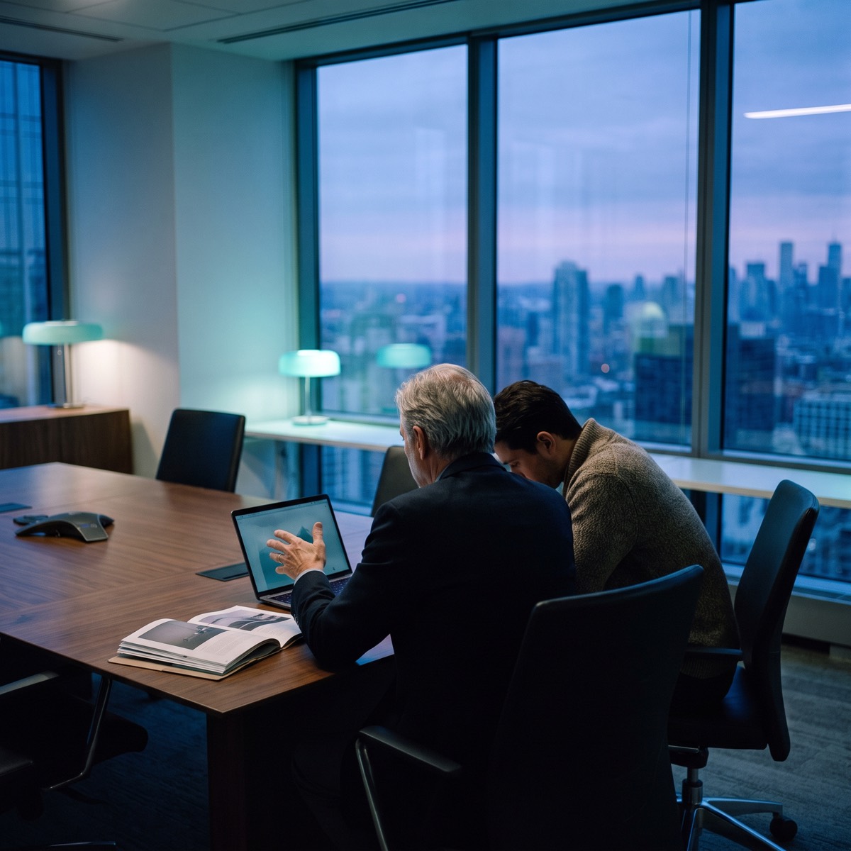 Two people going over an ATM route together at a boardroom table