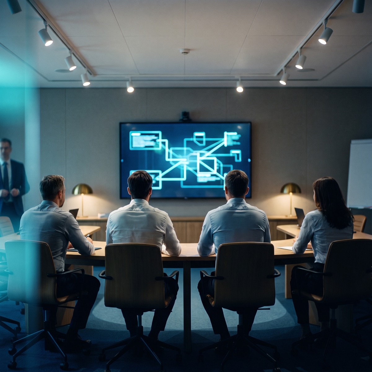 Adults seated in a corporate training room facing a wall display