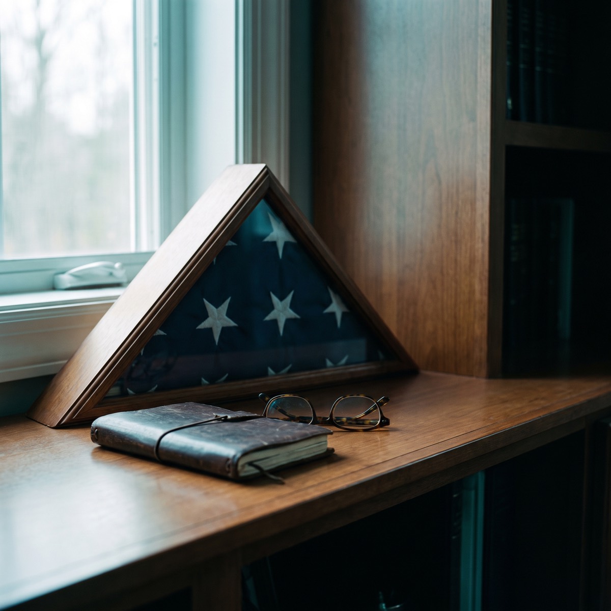 A folded flag in a display case in a private study